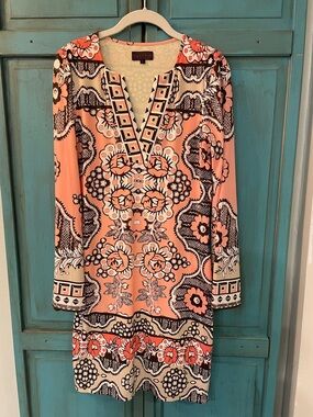 Hale Bob Long Sleeve V-Neck Paisley Floral Dress in Peach, Black, Cream